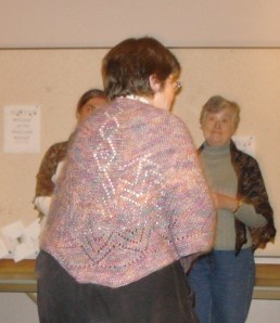 Terry modeling the shawl she knit for future daugther-in-law