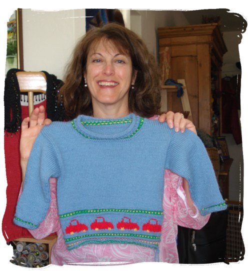 Merle and her "truck" sweater for nephew Abe