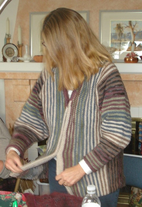 Sarah in her "Pinstripe" sweater jacket