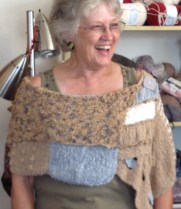 Me (Carolyn) modeling new MaggiKnits shawl